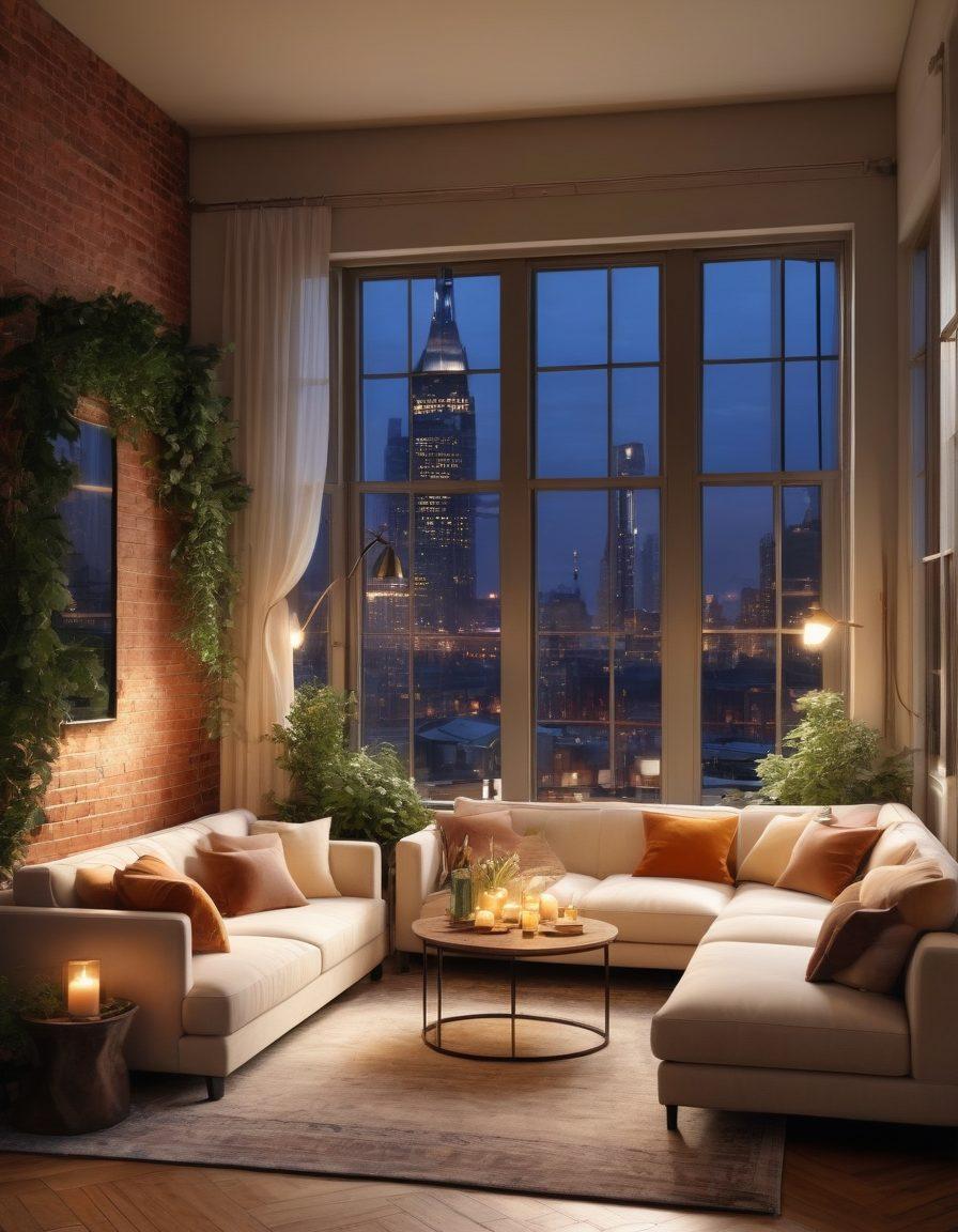 A cozy, urban living space featuring soft, warm lighting, plush furniture with elegant fabrics, and greenery peeking through large windows. Incorporate romantic decor elements like candles, soothing colors, and a small dining area set for two. The backdrop should showcase a city skyline to emphasize the urban vibe. super-realistic. warm colors. inviting atmosphere.
