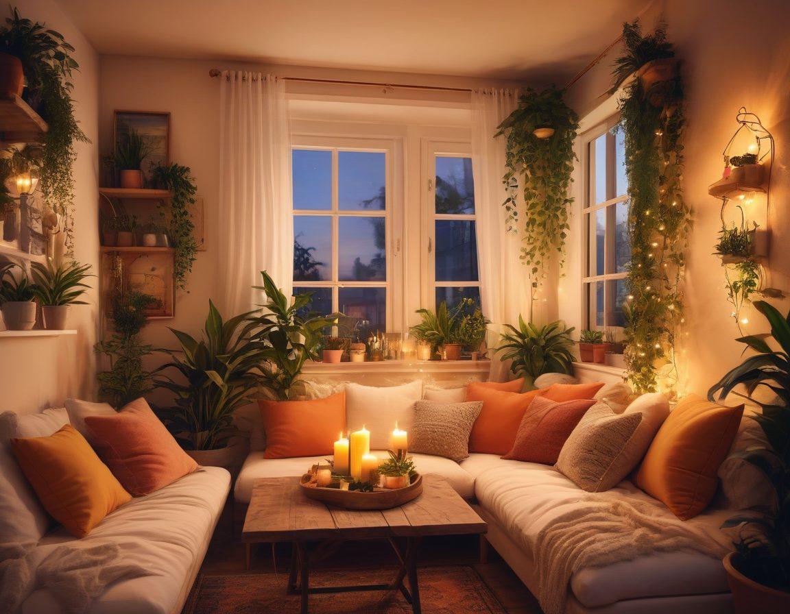 A beautifully designed cozy apartment with soft lighting, plush pillows, and warm tones. Include a small, inviting dining area with a candlelit table, lush indoor plants, and tasteful romantic decor like framed art and fairy lights. The window should show a vibrant sunset to add a warm ambiance. super-realistic. vibrant colors. soft focus.