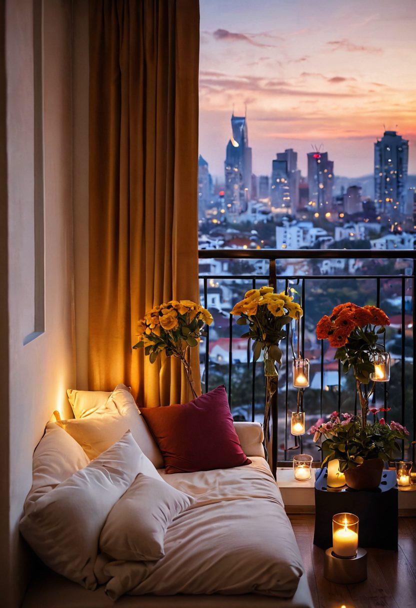 A cozy, stylish apartment transformed into a romantic residence, featuring soft ambient lighting, plush furnishings, and vibrant decor like fresh flowers and scented candles. Include a small balcony with string lights and a view of a city sunset, inviting a sense of warmth and love. The atmosphere should evoke comfort and intimacy, perfect for a romantic getaway. super-realistic. warm colors. soft focus.